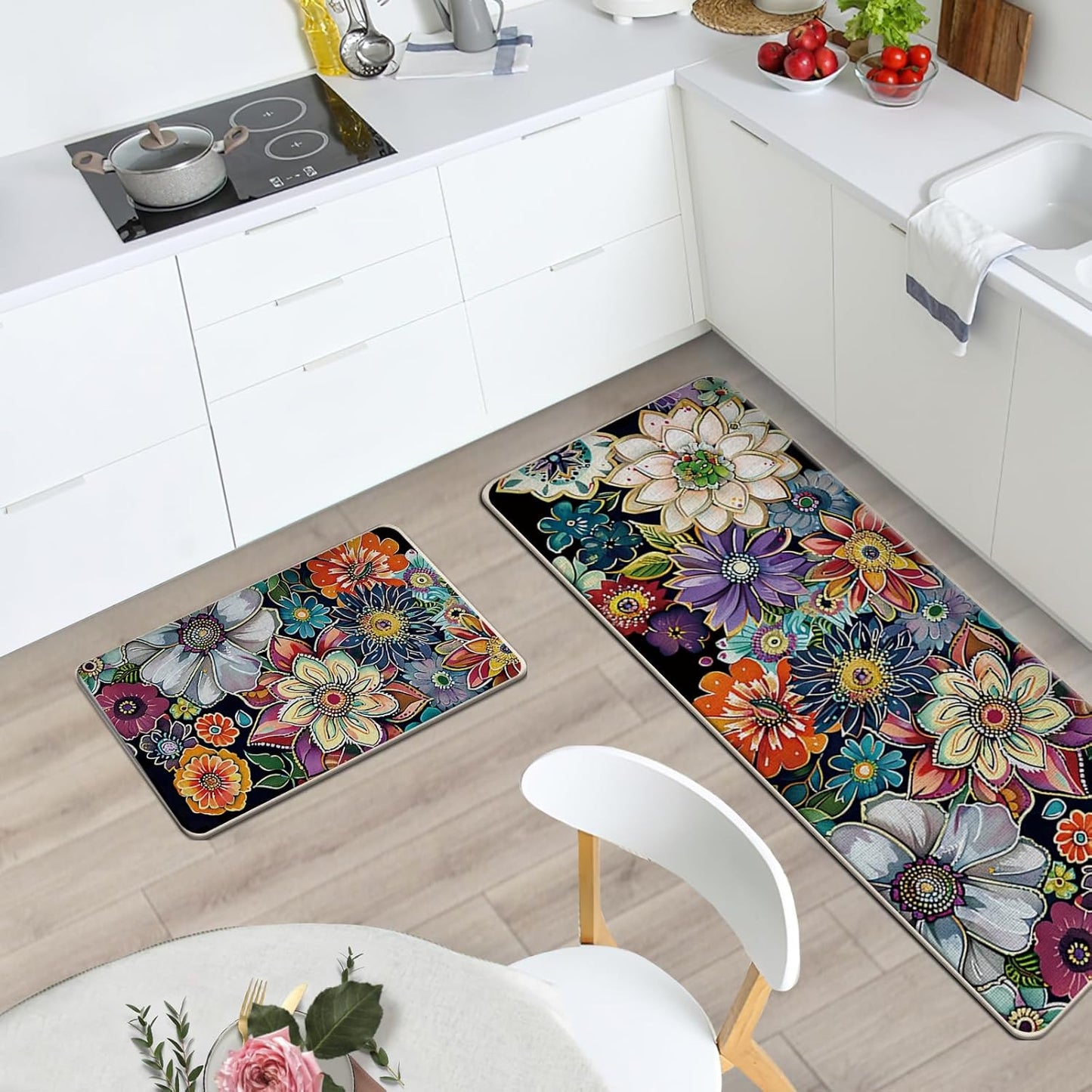 Boho Vintage Floral Kitchen Rugs Set of 2, Colorful Retro Flowers Floor Mats Decor, Bohemian Botanical Door Mat Home Decorations - 17x29 and 17x47 Inches