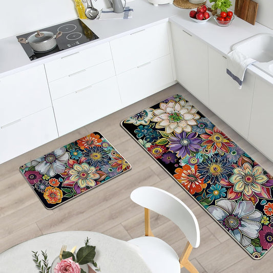 Boho Vintage Floral Kitchen Rugs Set of 2, Colorful Retro Flowers Floor Mats Decor, Bohemian Botanical Door Mat Home Decorations - 17x29 and 17x47 Inches