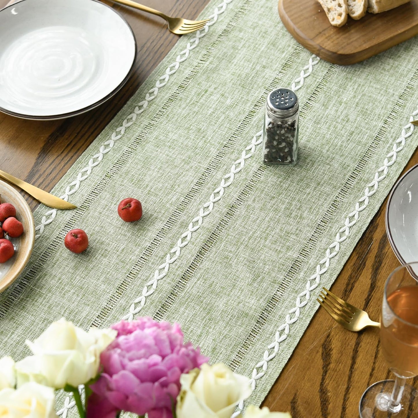 Artoid Mode Sage Green Rustic Cotton Linen Table Runner, Seasonal Embroidered Hollow Kitchen Dining Table Decoration for Home Party Decor 13x108 Inch