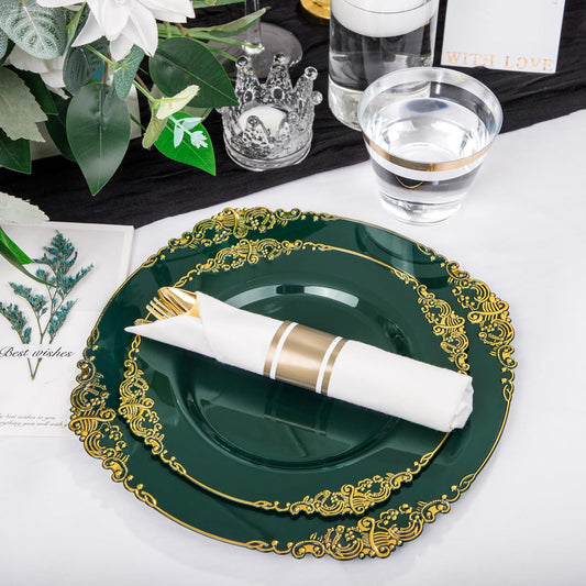Nervure 175PCS Green Plastic Plates - Disposable Green Gold Party Plates & Pre Rolled Napkins with Cutlery for 25 Guests, 50Plates, 75Silverware, 25Cups, 25Napkin for Wedding & Party