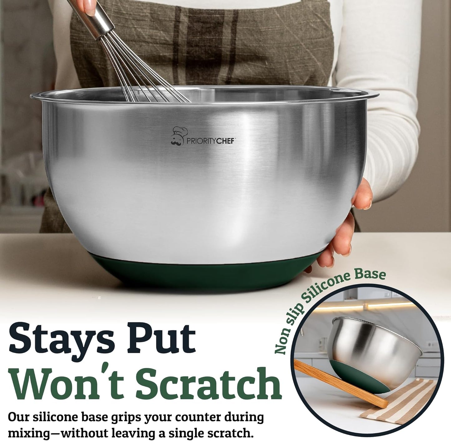 Priority Chef Stainless Steel Mixing Bowls with Lids Set, Metal Nesting Bowls with Airtight Lids, Graters, Non-Slip Base & Measurement Marks, Includes Utensil Set for Prep, Baking & Storage, Green