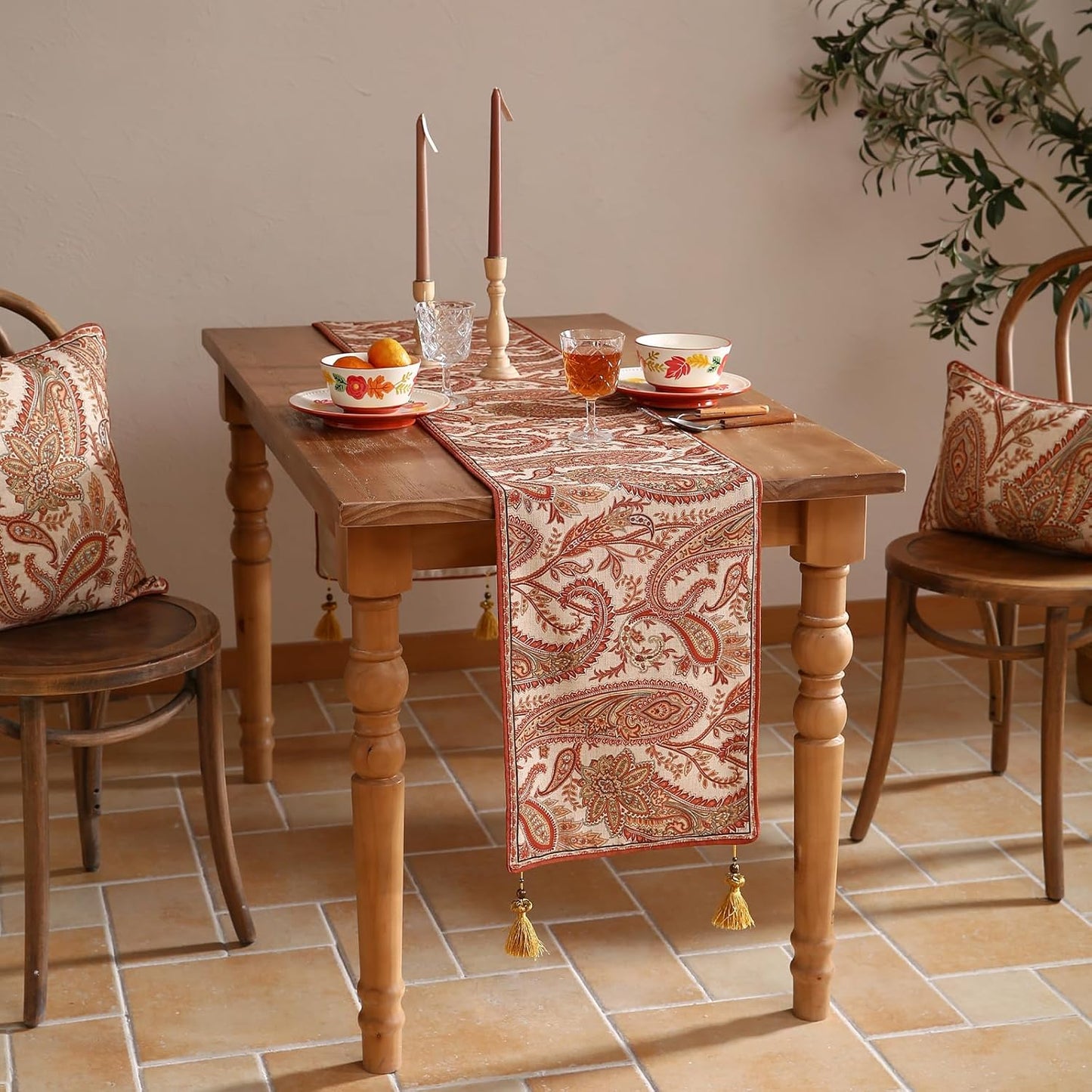 ISAENNE Designer Elegant Red Linen Table Runner 102 Inches Long,Vintage Paisley Pattern Durable Table Runners for Dining Tables,Thanksgiving,Kitchen Tables,Christmas,12"*102"-Chauffrey A