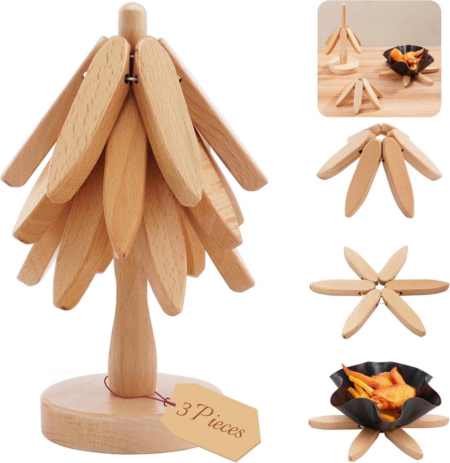 Wooden Trivets Tree for Hot Dishes, Set of 3 Natural Wood Coaster for Hot Pots and Pans, Christmas Tree-Shaped Stackling Trivets with Organizer, 8 Inch Decorative Wooden Hot Pads, 3PCS Light Wood