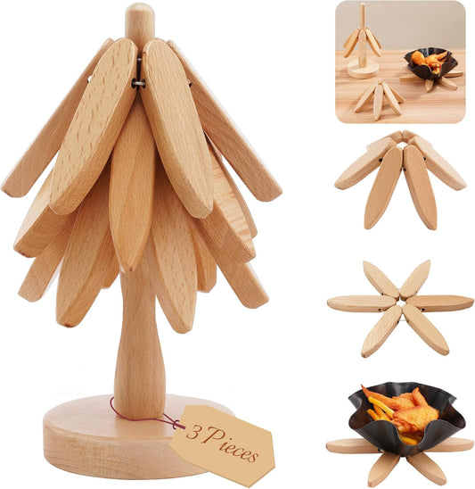Wooden Trivets Tree for Hot Dishes, Set of 3 Natural Wood Coaster for Hot Pots and Pans, Christmas Tree-Shaped Stackling Trivets with Organizer, 8 Inch Decorative Wooden Hot Pads, 3PCS Light Wood