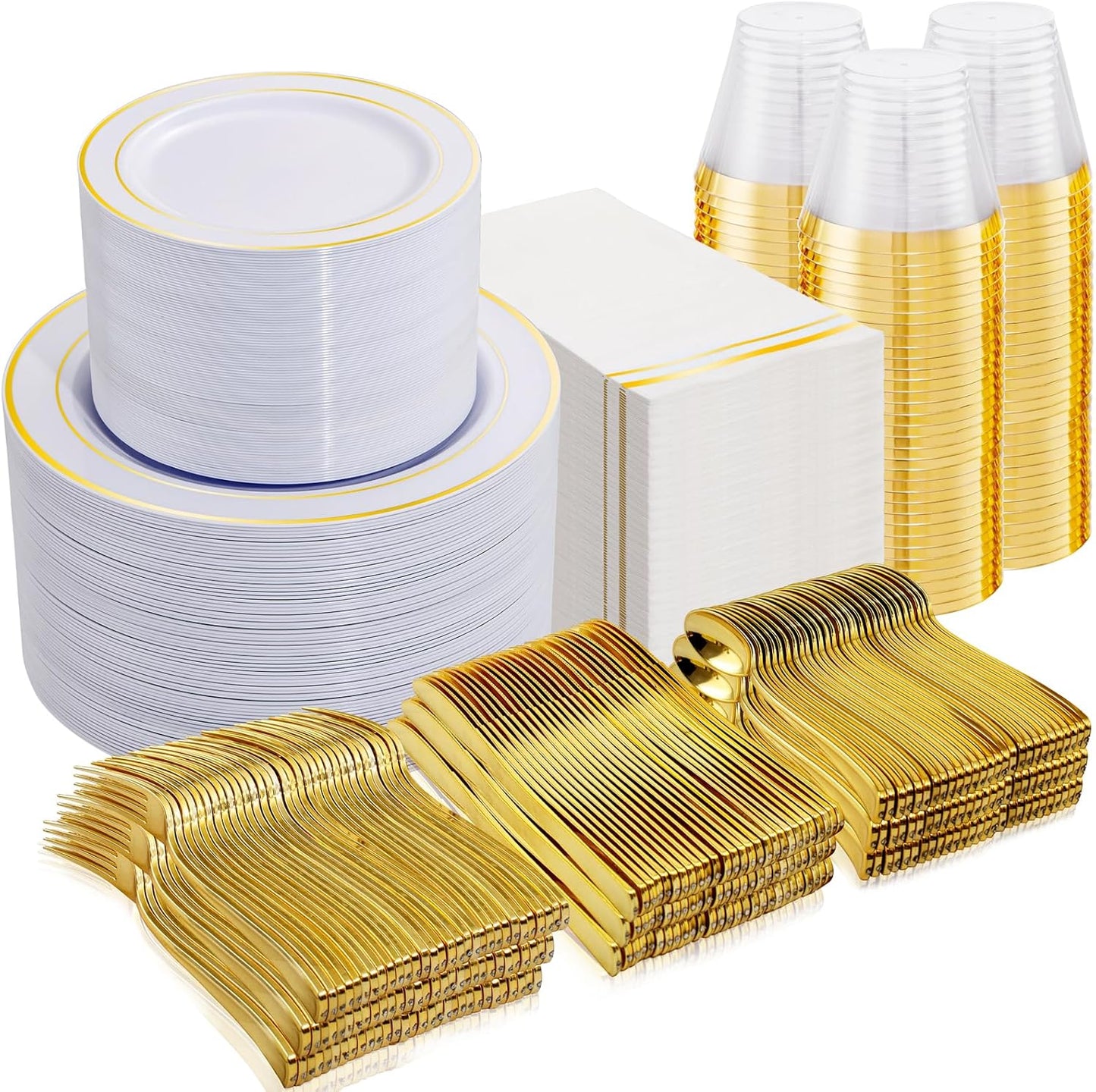NOCCUR 700PCS Gold Plastic Plates - Gold Disposable Dinnerware Set for 100 - Include 200 Dinner/Dessert Plates, 300 Cutlery, 100 Cups, 100 Napkins, Idea for Wedding/Party/Thanksgiving