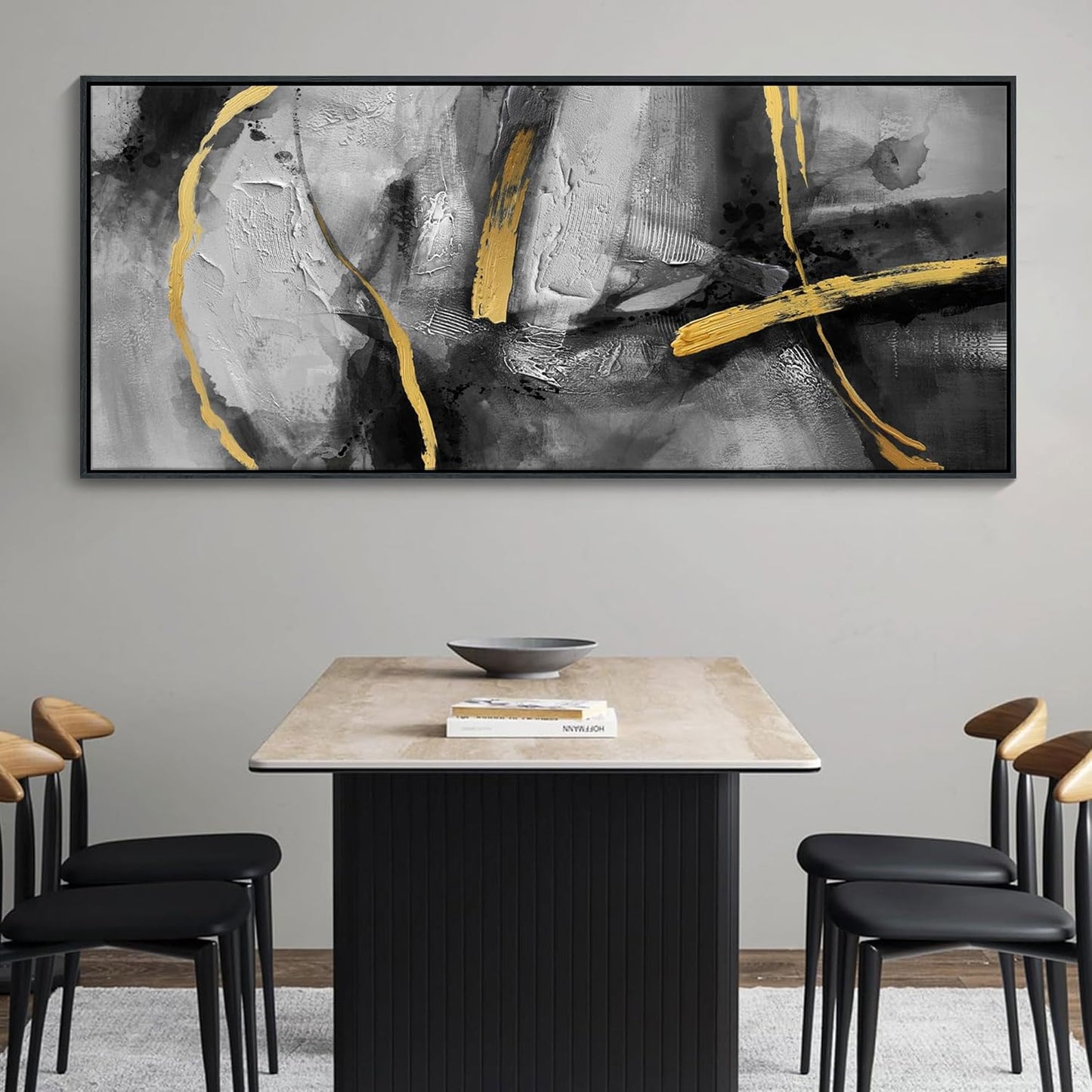 CHATYOUNG Abstract Black Gray Gold Large Canvas Wall Art, Hand-Painted Golden Line Wall Paintings Framed Artwork for Living Room Bedroom Cafe Above Sofa Office Extra Large Home Decor 32"X71"