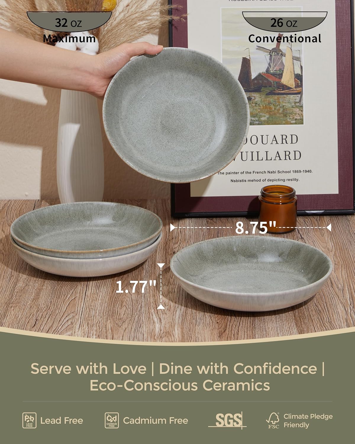 Pasta Bowls of 4, 32 Oz Salad Bowls Soup Bowls, Large Pasta Serving Bowl Porcelain Pasta Plates, Wide and Deep Bowls Set Microwave & Dishwasher Safe-Gradient Green