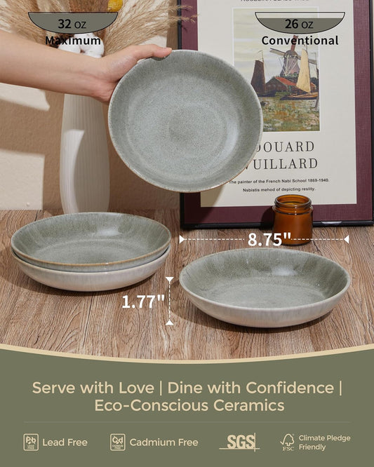 Pasta Bowls of 4, 32 Oz Salad Bowls Soup Bowls, Large Pasta Serving Bowl Porcelain Pasta Plates, Wide and Deep Bowls Set Microwave & Dishwasher Safe-Gradient Green