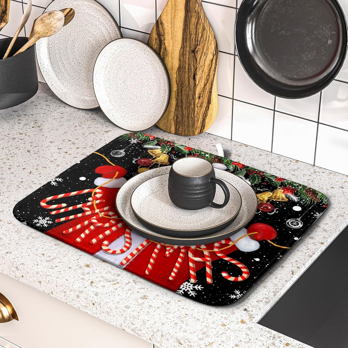 Christmas Dish Drying Mat for Kitchen Counter Santa Claus Winter Snowflake Xmas Jingle Bells Dishes Pad Dish Drainer Rack Mats Absorbent Fast Dry Kitchen Accessories,16 x 18 inch