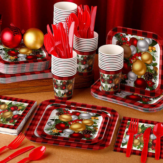 350 Pcs Paper Plates and Napkins Set Disposable Dinnerware Party Supplies Tableware Serve 50 Guest Cups Knife Forks Spoon(Red,Christmas Tree)