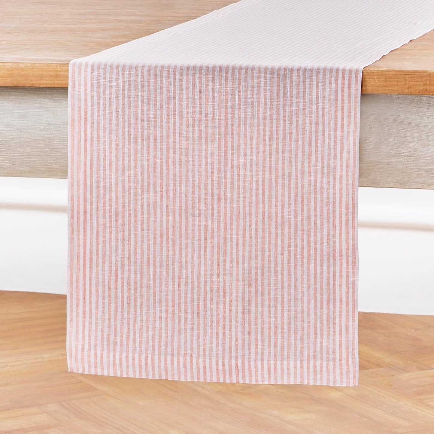 Solino Home Linen Table Runner 48 Inches - Narrow Stripe 100% Pure Linen Peach and White Farmhouse Table Runner 14 x 48 Inch Ideal for Dresser and Coffee Tables
