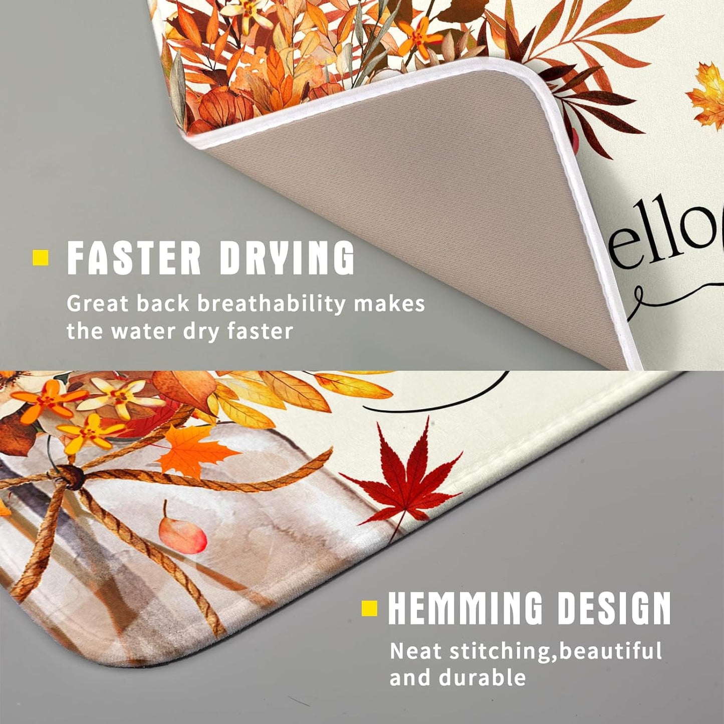 Hello Fall Dish Drying Mats 16x18 Inch, Autumn Orange Color Flowers Leaves Seasonal Washable Microfiber Drainer Rack Absorbent Pad Kitchen Counter Coffee Bar Protector
