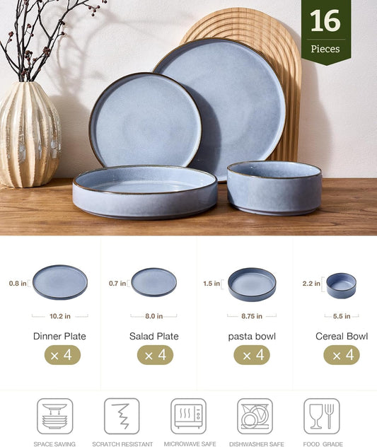 Famiware Annecy Plates and Bowls Sets, Service for 4 (16 Pieces), Dinnerware Sets with Pasta Bowls, Microwave and Dishwasher Safe Dishes Set, Chip and Scratch Resistant, Reactive Blue