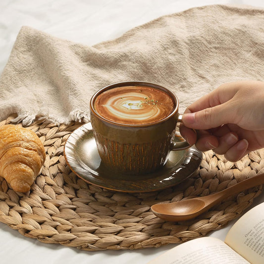 7.4oz Espresso Cups Set of 4 - Ceramic Cappuccino Cups with Saucers - Microwave and Dishwasher Safe, Perfect For Tea, Latte - Porcelain Drinkware for Kitchen or Cafe (brown)