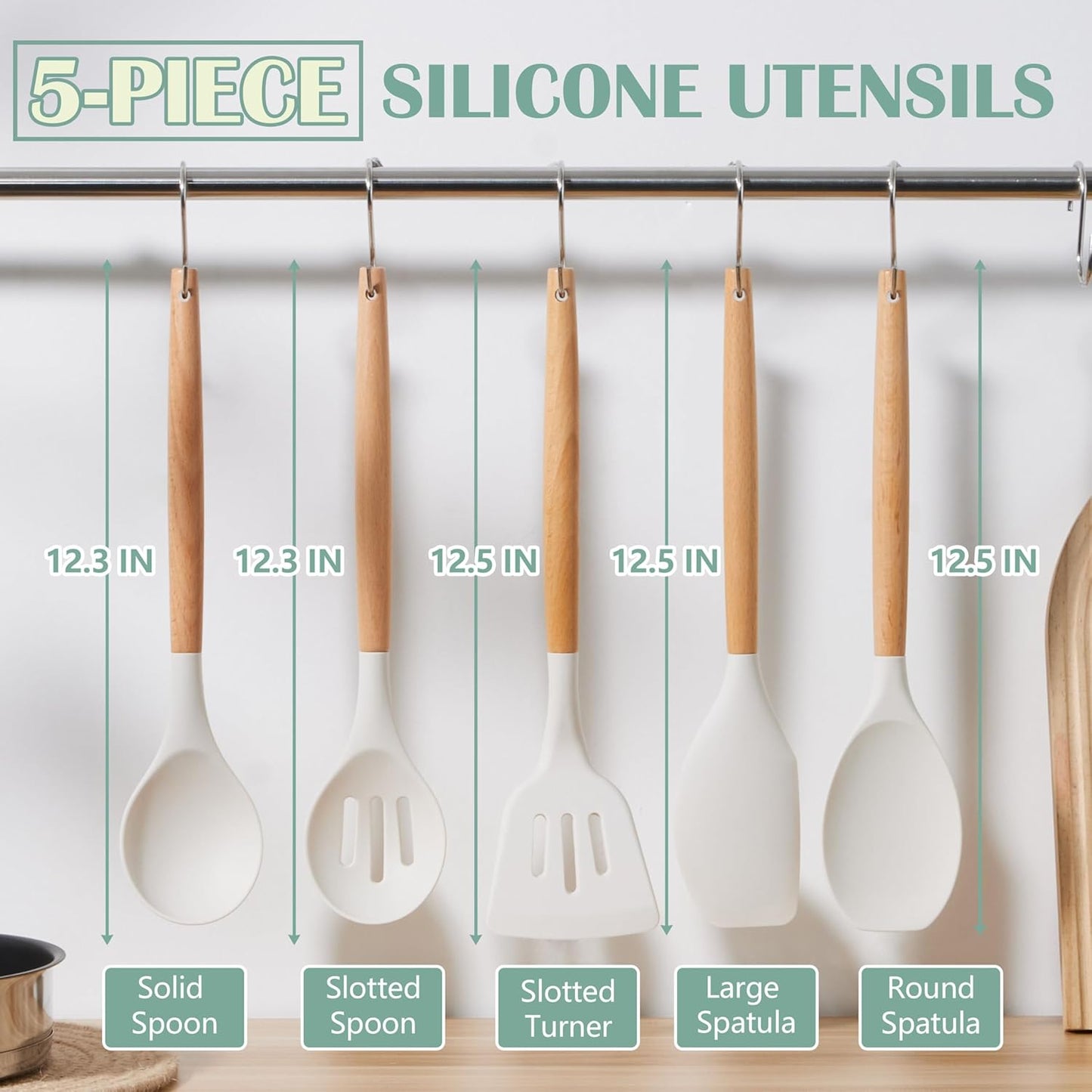 E-far Silicone Cooking Utensils Set, 5-Piece Kitchen Utensils Set with Wooden Handle for Cooking, Silicone Kitchen Nonstick Tools Spatula Turner Slotted Spoons, Nontoxic & Heat Resistant-White