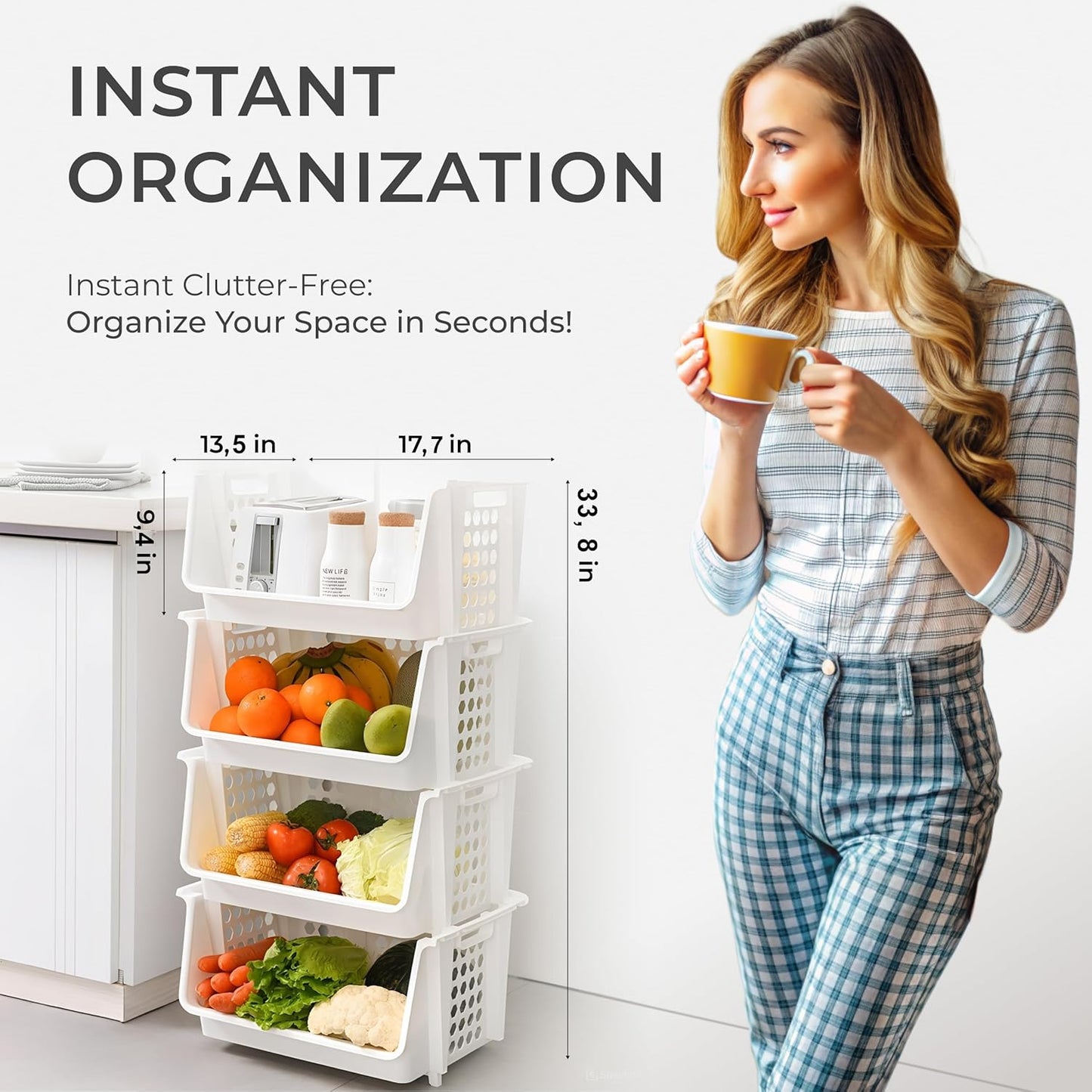 TidyFriend Plastic Stackable Bins for Pantry, 4-Pack Large Stacking Bins Open Front, Toy Organizers, Kitchen, and Bathroom Essentials (White)