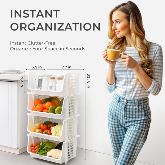 TidyFriend Plastic Stackable Bins for Pantry, 4-Pack Large Stacking Bins Open Front, Toy Organizers, Kitchen, and Bathroom Essentials (White)