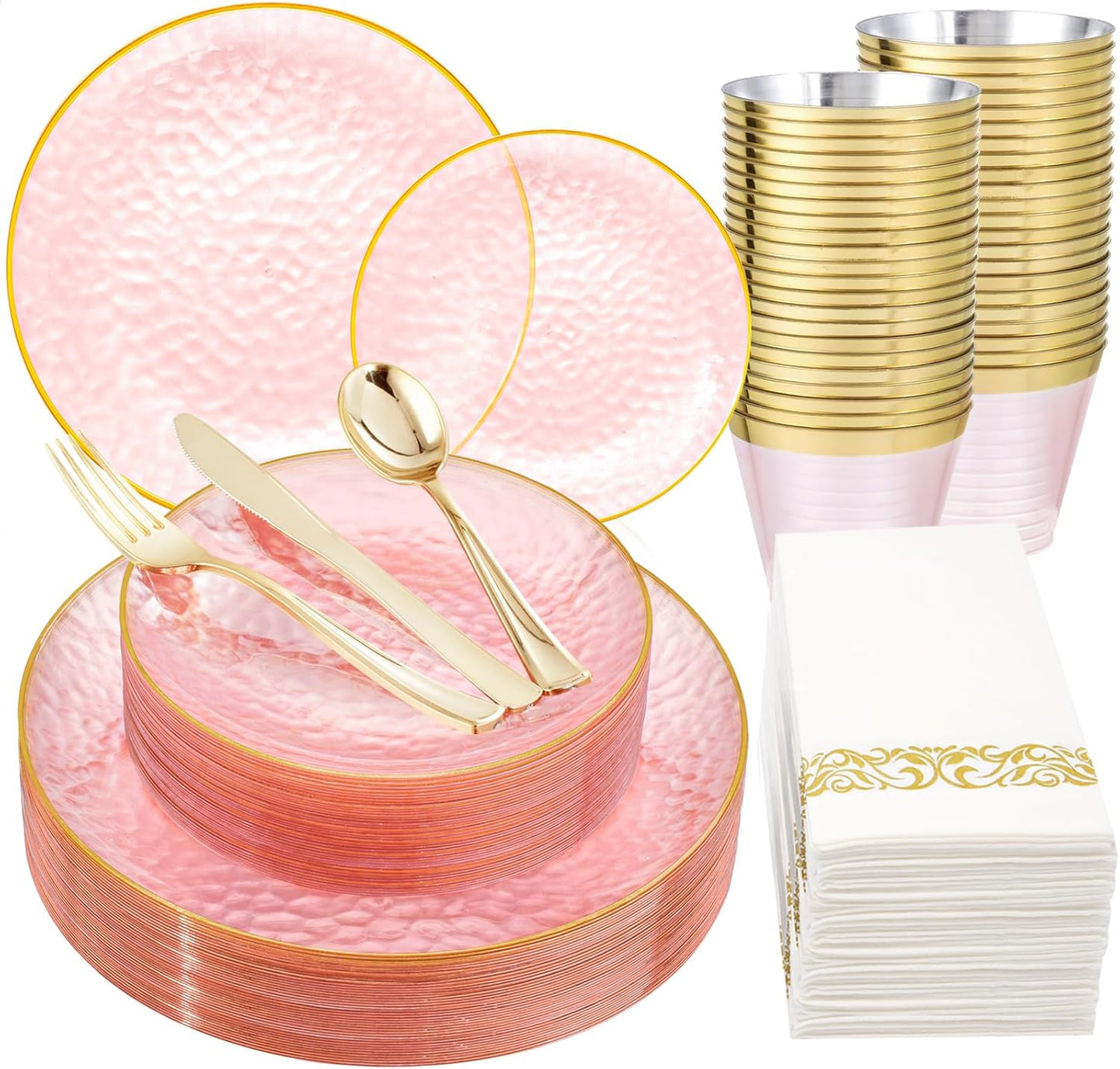 DaYammi 175 Pcs Pink Plastic Plates Dinnerware Set (25 Guests), Pink Disposable Plates With Gold Rim, Hammered Party Platos Set Include Dinner Platos, Dessert Plates, Cups, Cutlery for Party