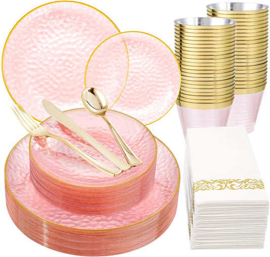 DaYammi 175 Pcs Pink Plastic Plates Dinnerware Set (25 Guests), Pink Disposable Plates With Gold Rim, Hammered Party Platos Set Include Dinner Platos, Dessert Plates, Cups, Cutlery for Party