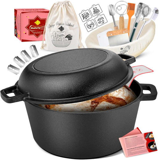 ARC 5QT Cast Iron Dutch Oven for Bread Baking with Skillet Lid, Sourdough Bread Baking Supplies Kit inc. Proofing Basket & Lame, Dutch Oven Pot for Sourdough, Braising, Frying, Bread Oven