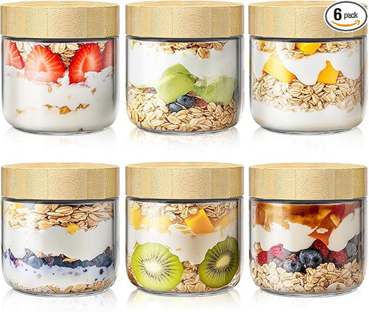 6 Pack 10oz Overnight Oats Containers with Bamboo Lids, Glass Jars with Airtight Lids for Meal Prep, Wide Mouth Mason Salad Jars, Glass Food Storage Container for Yogurt Chia Snacks Spice Sugar