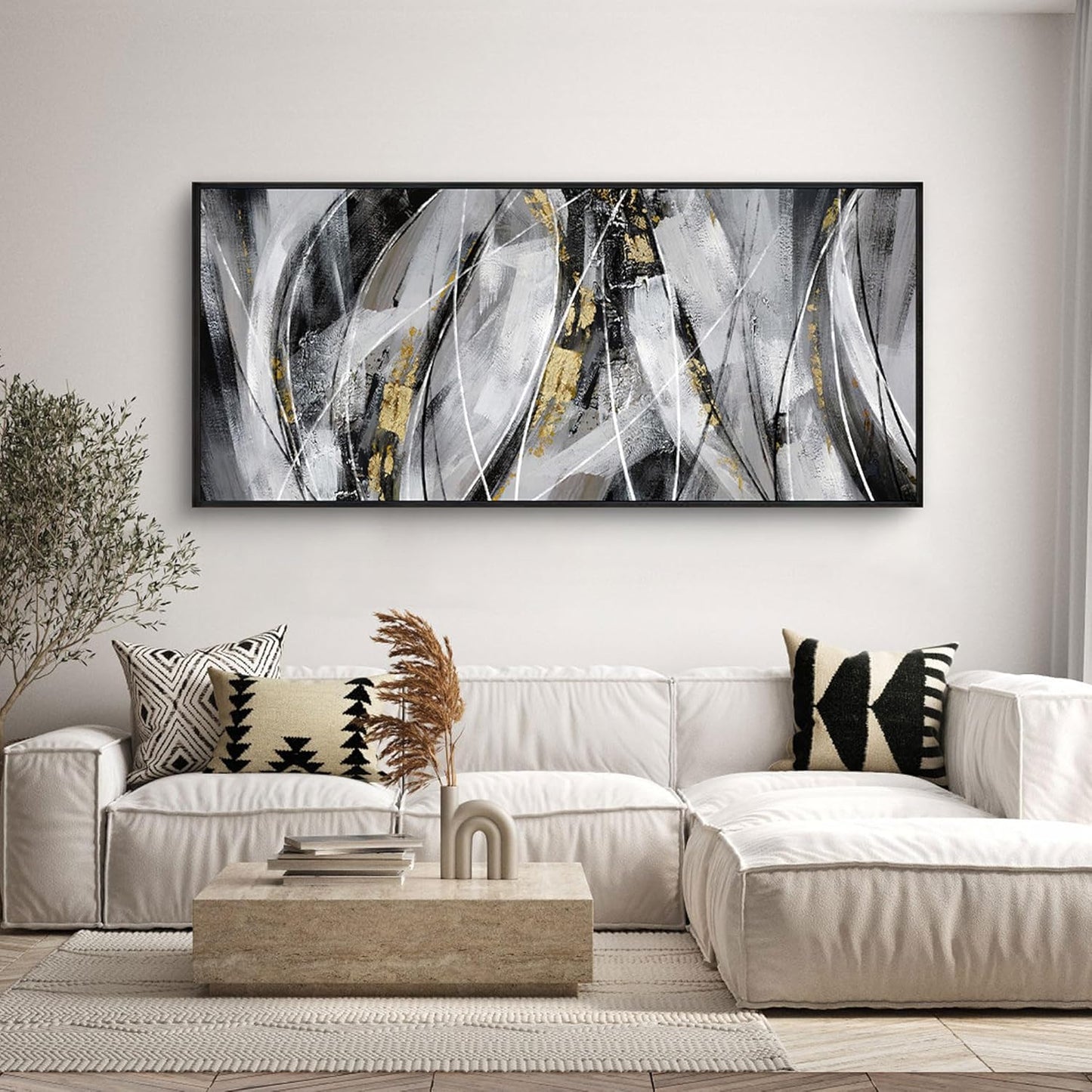 KLAKLA Abstract Frame Wall Art - Black and White Picture for Living Room Black and Gold Framed Artwork Canvas Art Work for Office Home Decor Bedroom Wall Decoration - 70x31 Inches