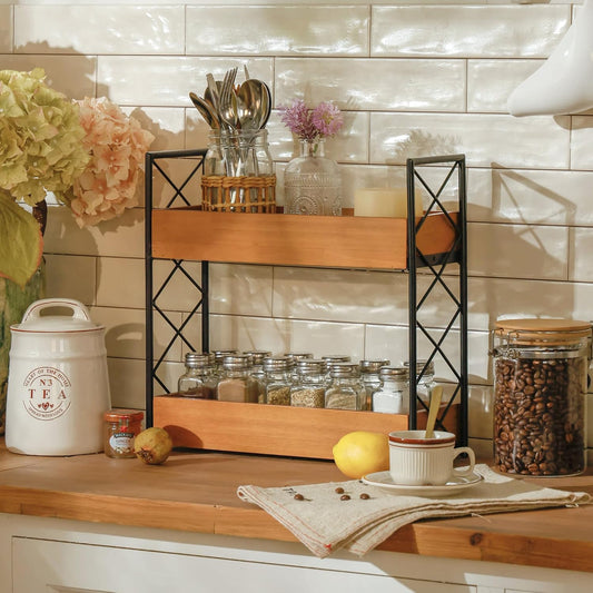 Spice Rack for Countertop 2 Tier Wooden Spice Shelf Organizer for Kitchen Cabinet, Counter or Pantry Space Saving Free Standing Spice Holder for 28 Jars, Brown