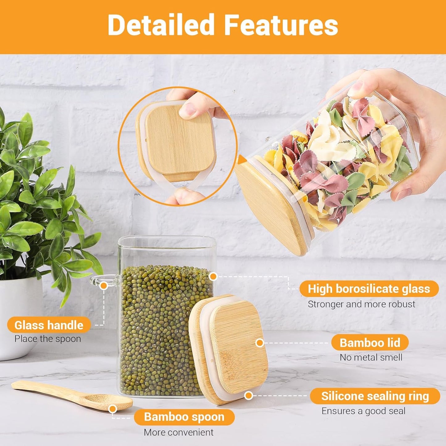 Glass Jars with Bamboo Lids and Spoon - 4 Pack 18 Fl.oz Square Glass Jars with Airtight Lid, Includes Labels and Marker, Pantry Storage Cointainer for Overnight Oat, Salad, Sugar Tea Canister