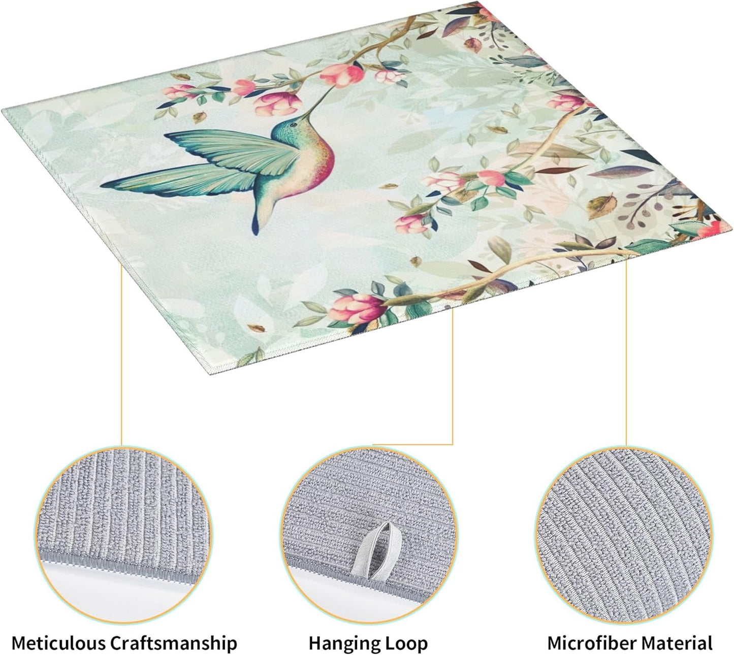 Hummingbird Flowers Dish Drying Mat 16x18 Inch, Microfiber Absorbent Fast Dry Mat Large Dish Mat Drying Kitchen Mat, Kitchen Drying Pad for Kitchen Counter Coffee Bar Decor Gifts