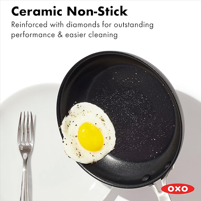 OXO Enhanced, 12" Frying Pan Skillet with Lid, Healthy Ceramic Nonstick, PFAS-Free, Stainless Steel Handle, Dishwasher Safe, Oven Safe, Black