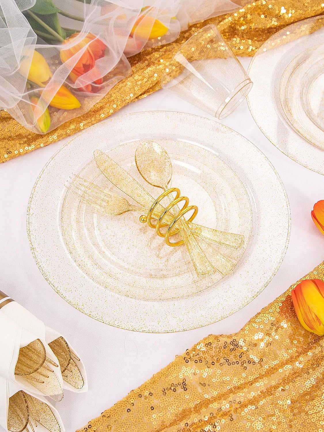 DaYammi 112Pcs Gold Glitter Plastic Plates,Gold Disposable Dinnerware-Thanksgiving Plastic Plates Includes 16 Dessert Plate,16 Dinner Plate,16 Per Rolled Napkins with Cutlery and Cups for Party