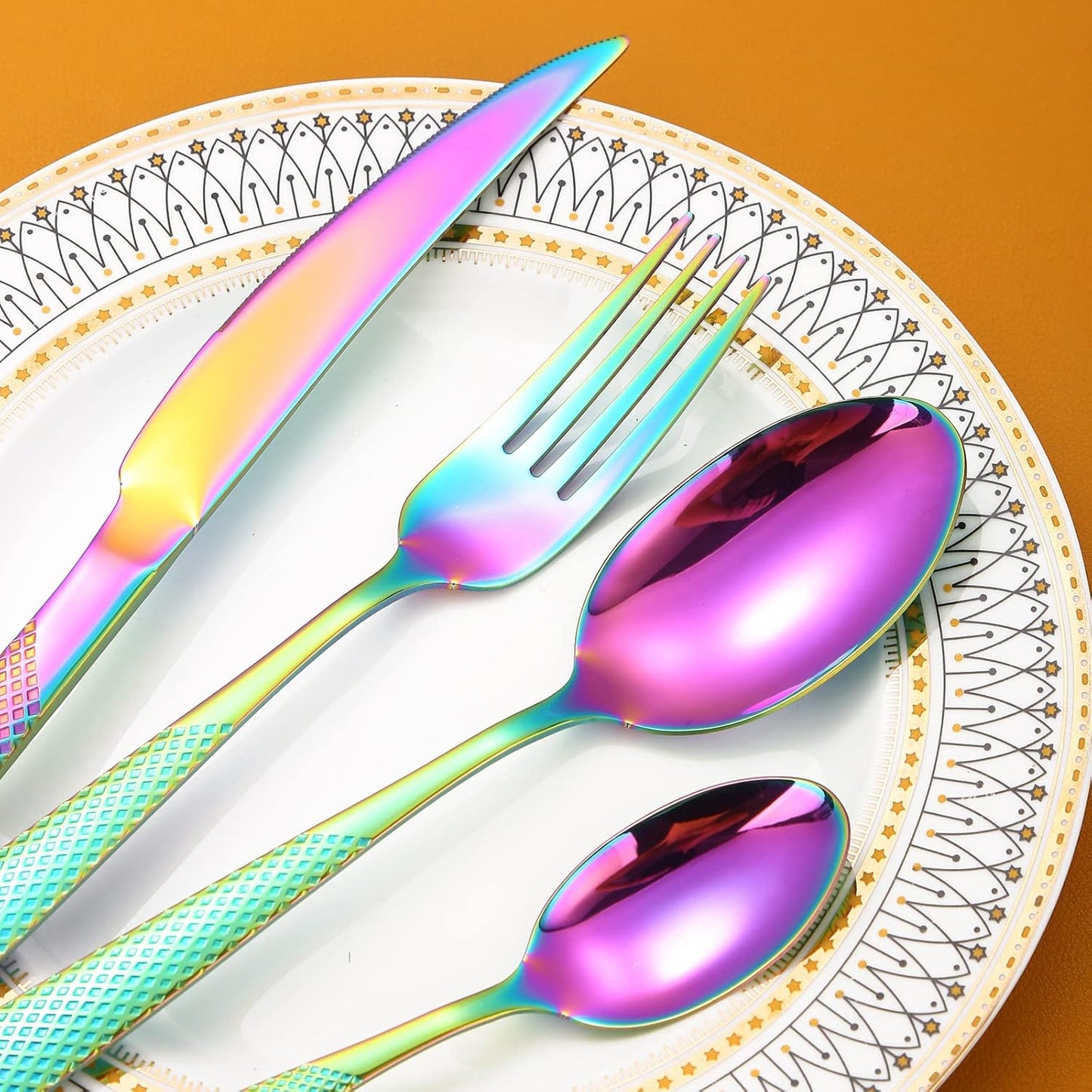 Hammered Silverware Rainbow Stainless Steel Flatware Set for 4 include Forks Spoons and Knives Modern Eating Utensils for Kitchen Restaurant Parties Everyday Uses