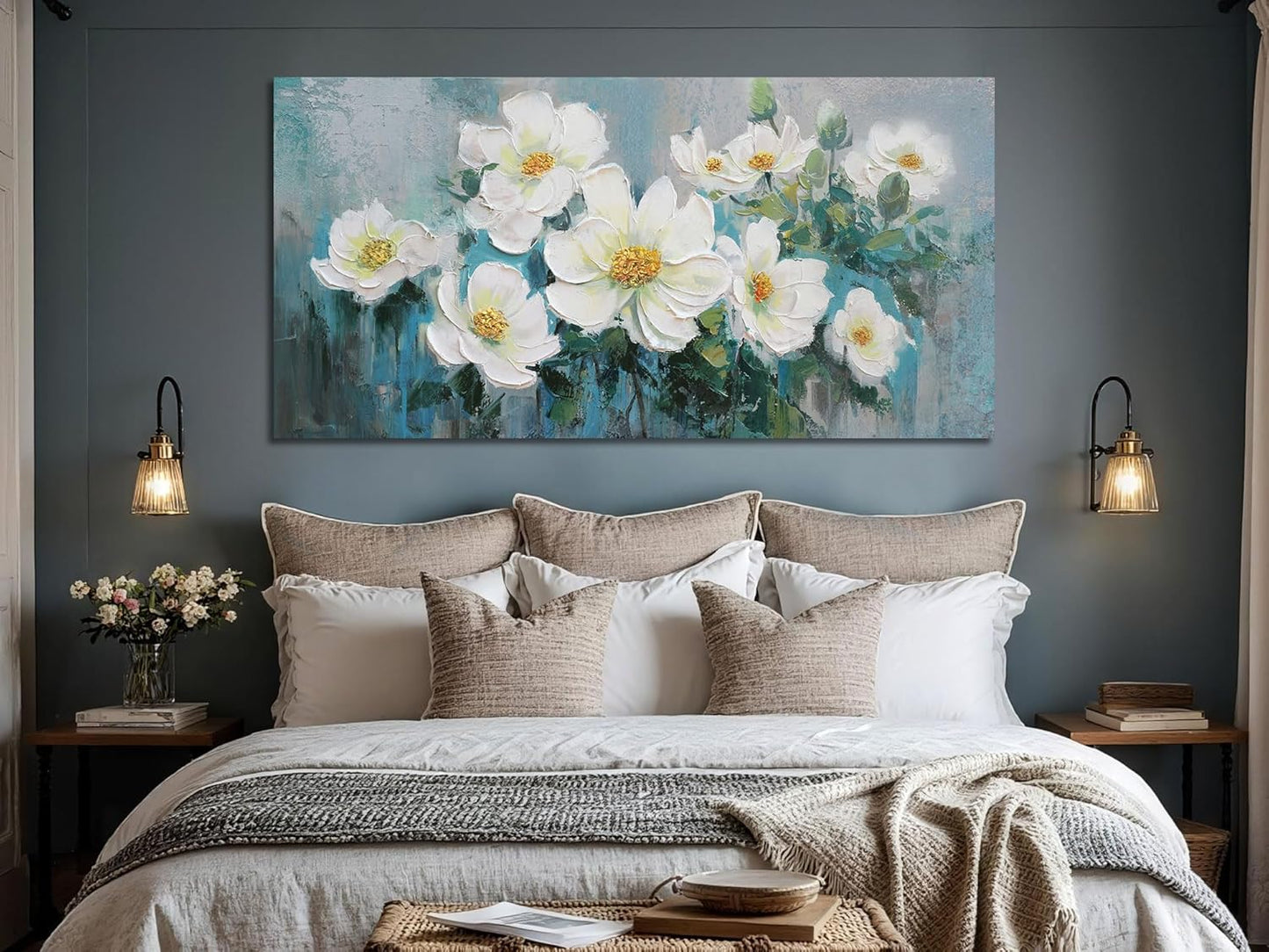 Ardemy White Floral Canvas Wall Art Large Teal Textured Pictures Wall Decor Turquoise Paintings Artwork for Living Room Bedroom Home Office, 48"x24"