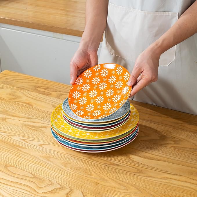 AntoKueh Ceramic Salad Plates Set of 6, 8 Inch Small Dessert Plates, Colorful Porcelain Plate Set for Appetizer, Cake, Snacks, Dishwasher & Microwave Safe