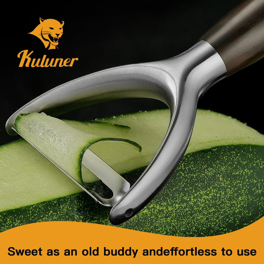 Premium Y Type 304 Stainless Steel Multifunctional Kitchen Peeler Real Wood Handle Ultra Sharp Blade Vegetable Potato Apple(Carbonized Wood)