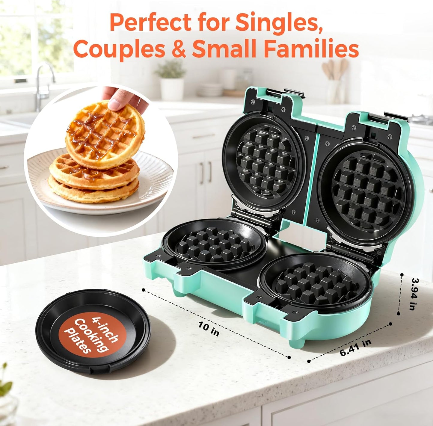 2-in-1 Double Waffle & Pancake Maker - CACHOO Mini 4" Nonstick Waffle Iron & Small Round Griddle with 4 Removable Plate Sets, Dishwasher Safe, Perfect for Small Spaces, Apartments & Dorms, Aqua