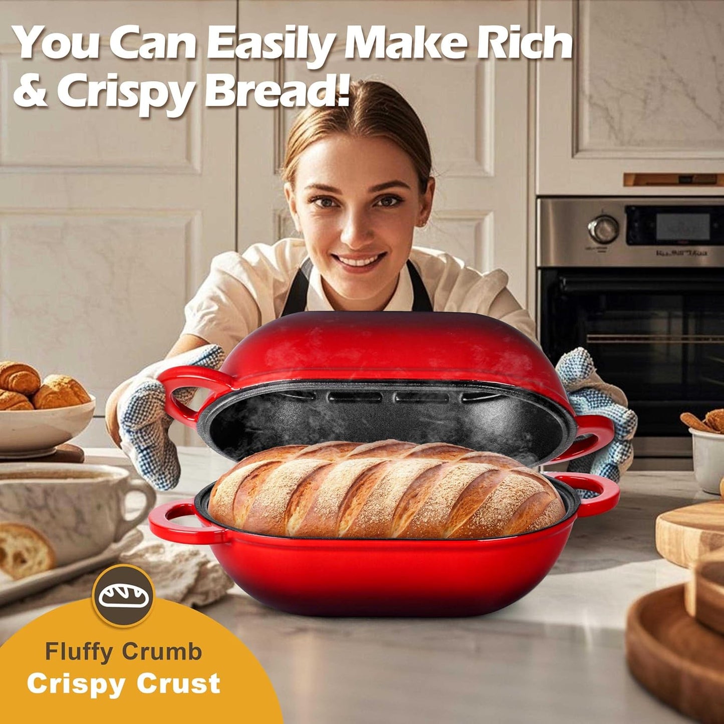 Homikit Enameled Cast Iron Dutch Oven for Bread Baking, 2.8 QT Oval Bread Oven Pot with Lid, Sourdough Loaf Iron Dutch Oven Pan for Roasting Cooking, Red & Heavy Duty