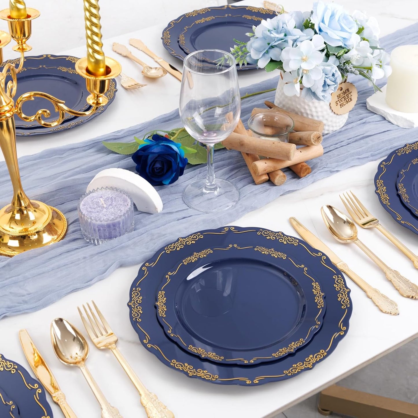 DaYammi 150Pcs Blue Plastic Plates Heavy Duty Navy Blue Disposable Plates with Gold Plastic Silverware include 30 Dinner Plate, 30 Dessert Plate, 90 Gold Silverware Set for Party Wedding