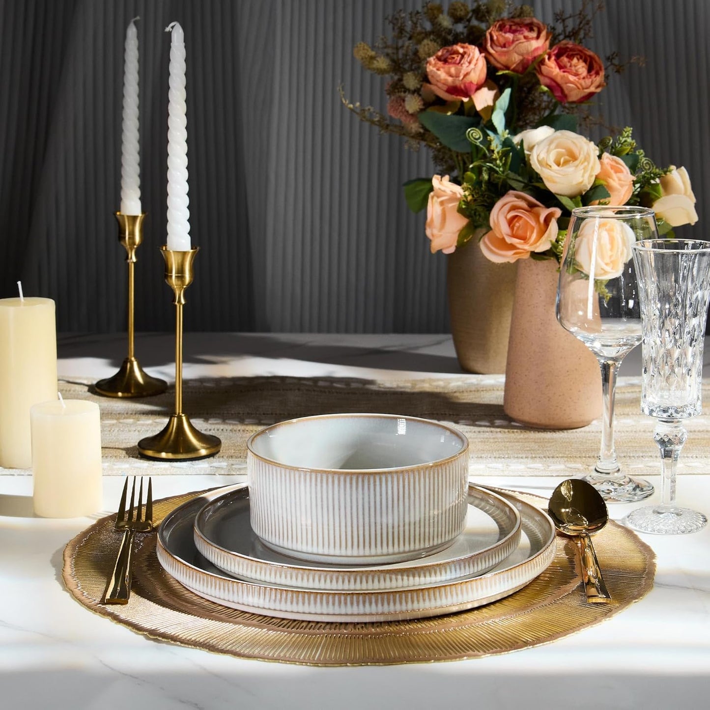 E-far 12-Piece Plates and Bowls Sets, Stoneware Dinnerware Dishes Sets for 4, Kitchen Modern Dining Dishware, Chip & Scratch Resistant, Microwave & Dishwasher Safe, Creamy Beige