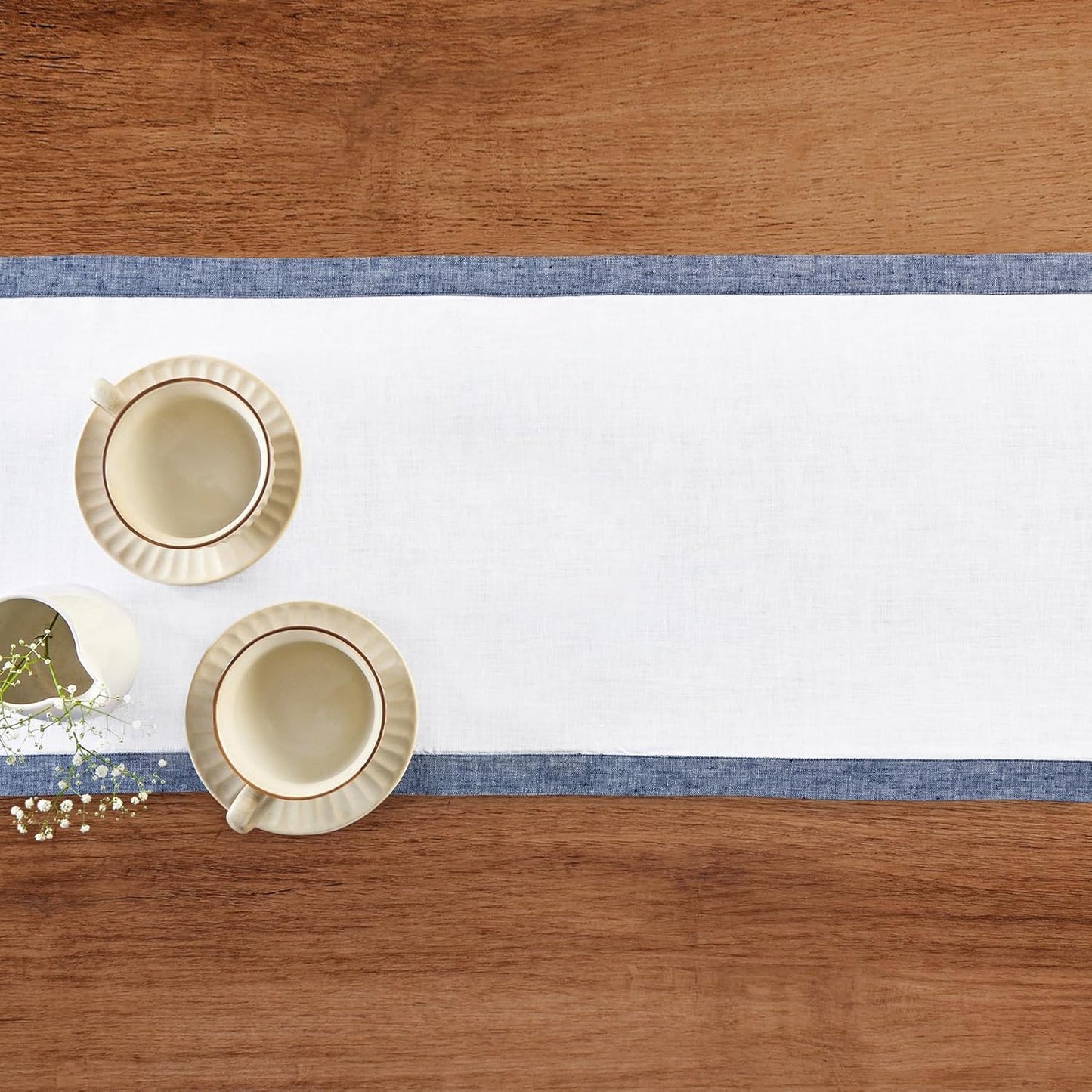 Solino Home Linen Table Runner 48 Inches - 100% Pure Linen Chambray Indigo and White Small Table Runner 14 x 48 Inch Ideal for Dresser and Coffee Tables - Classic