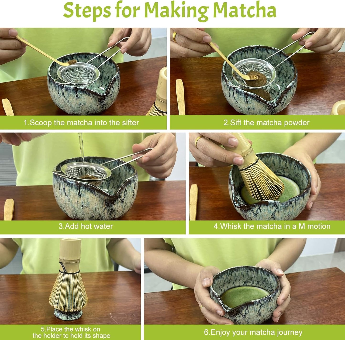 Matcha Whisk Set 6 pc Kit - Traditional Japanese Chasen, Bamboo Whisk Holder, Ceramic Bowl with Spout, Sifter & 2 pc Spoons - matcha kit set, Gift for Matcha Tea Lovers(Quenching Blue)