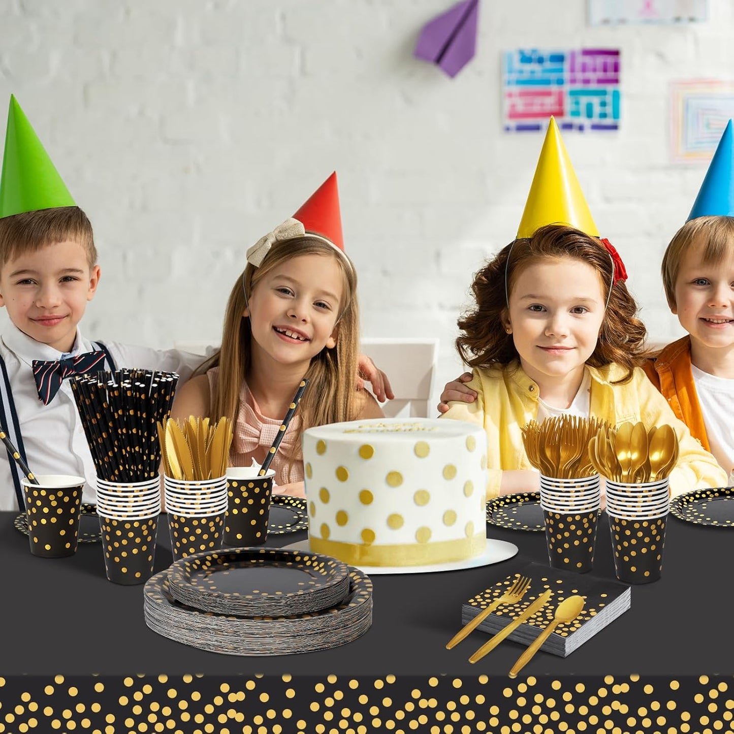 Paper Plates and Napkins Set, 193 Pieces Black Gold Party Supplies Includes Paper Plates Cups Napkins Straws and Cutlery for Birthday Wedding Holidays Parties Decorations-24 Guests