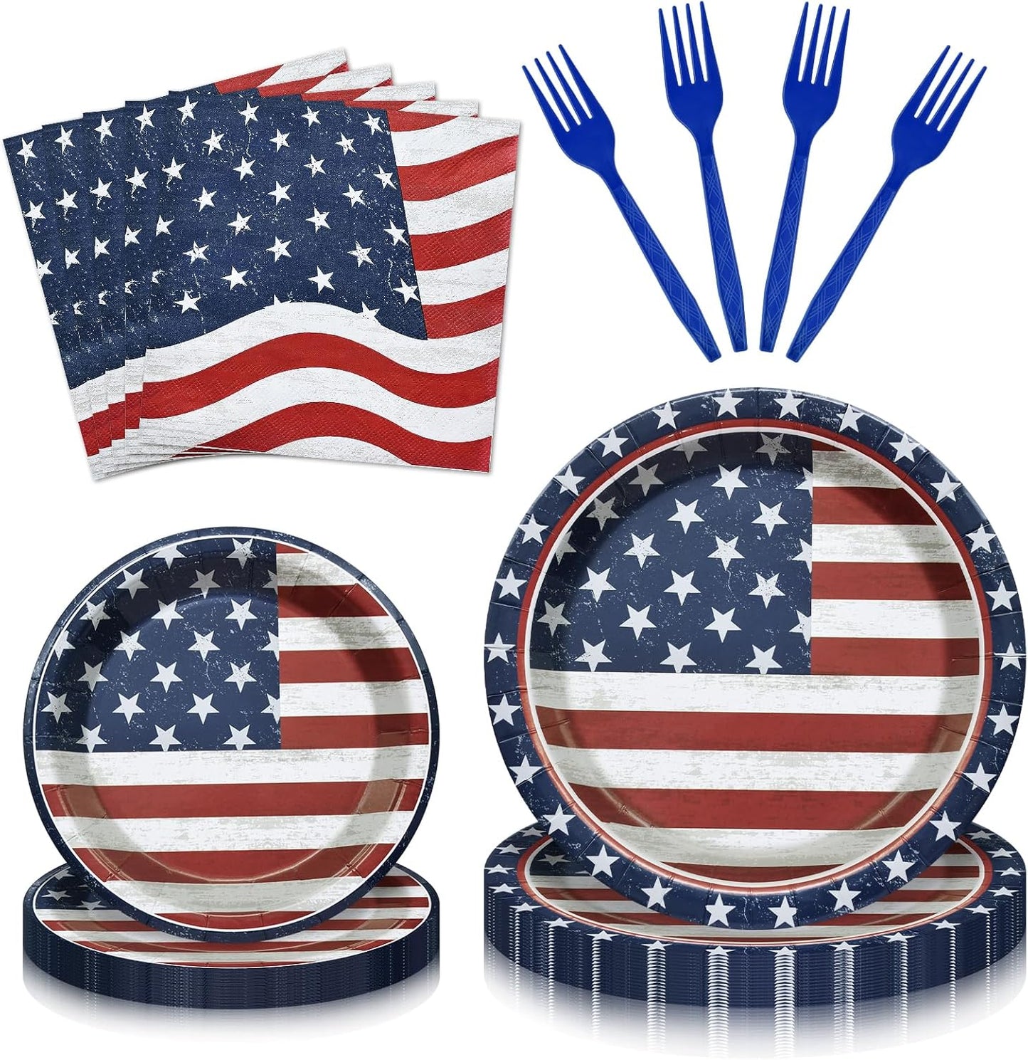 96 Pieces Patriotic Tableware Set – Vintage American Flag Disposable Dinnerware with Paper Plates, Napkins, Cups, Forks for Fourth of July, Memorial Day, Veterans Day Celebrations, Serves 24 Guests