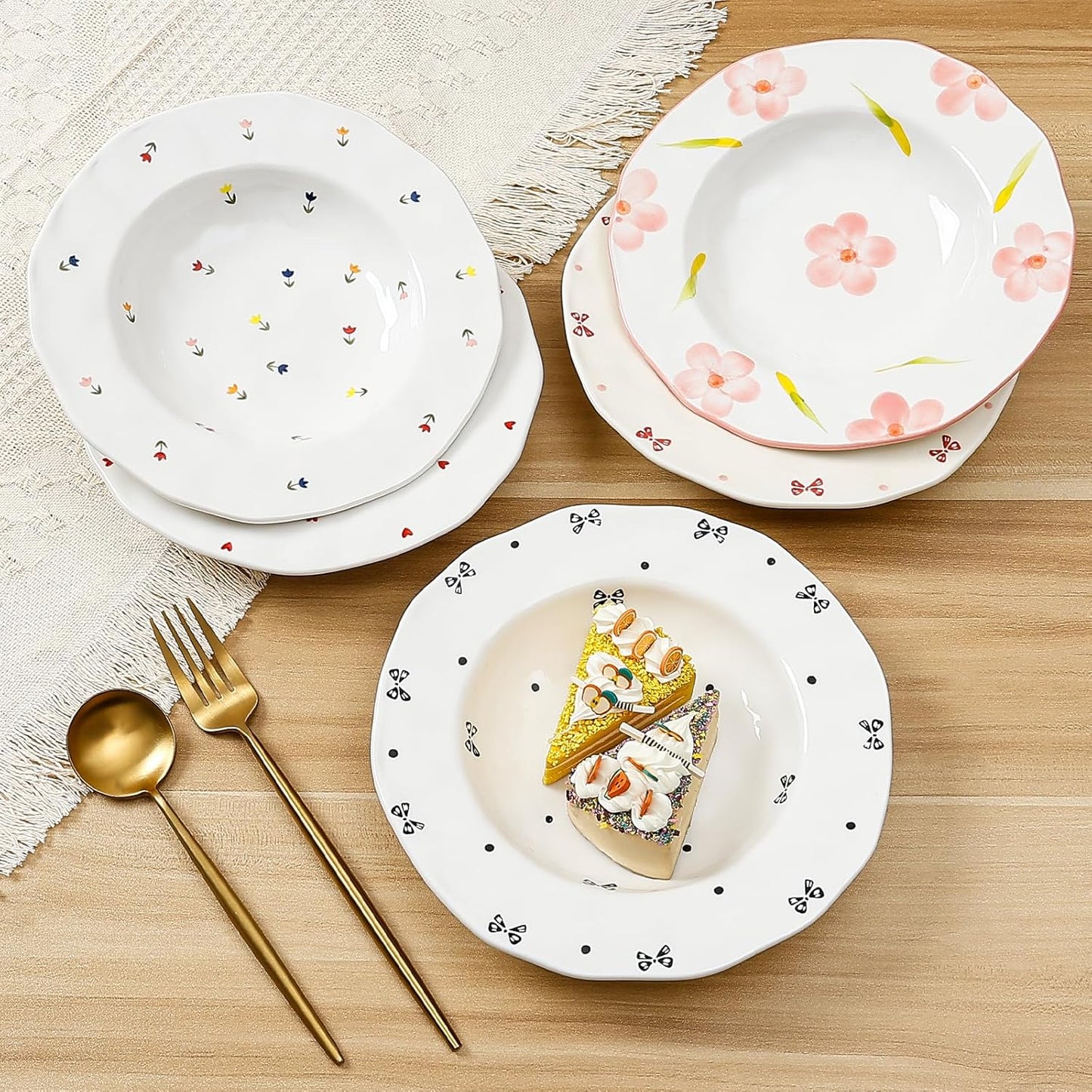 Koythin Ceramic Straw Hat Ramen Bowl Set, Pasta Bowls, Salad Serving Bowl for Noodle, Dinner, Salad, Microwave Dishwasher Safe (Pink Large Petals)