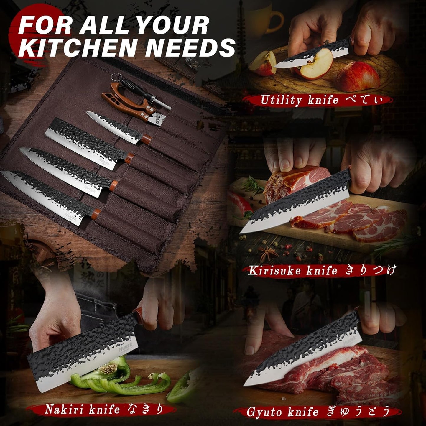 Huusk Japanese Knife Set 6pcs with Covers - Professional Chef Knife Set with Bag & Sharpener, High Carbon Steel Forged Knives Sets with Scissors, Japanese Kitchen Knives Sets, Gift for Men Women