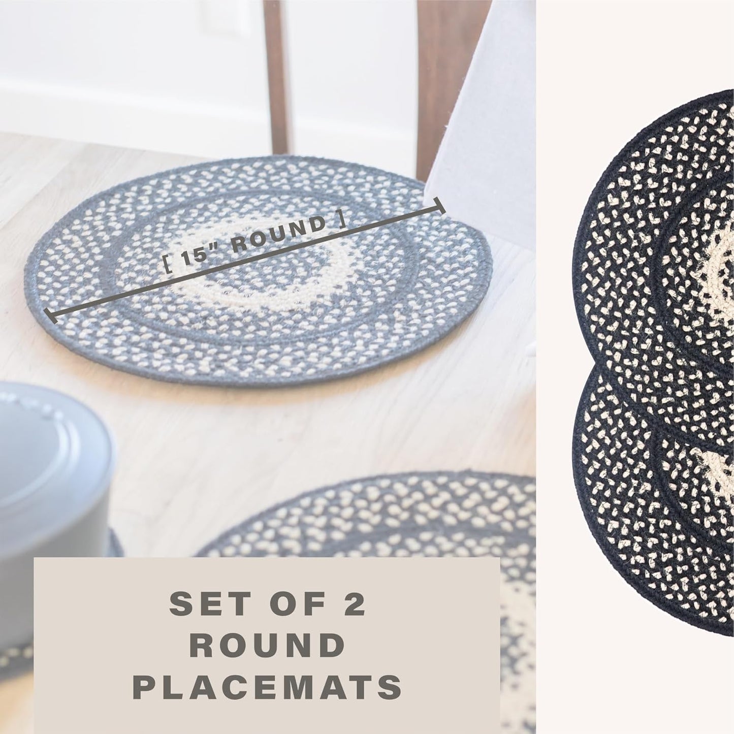 Manchester Round Braided Placemats, Country Primitive Decor, Set of 2, 15" Black and Tan Jute Table Mats - Vibrant Colors, Durable, Easy to Clean and Protects Furniture