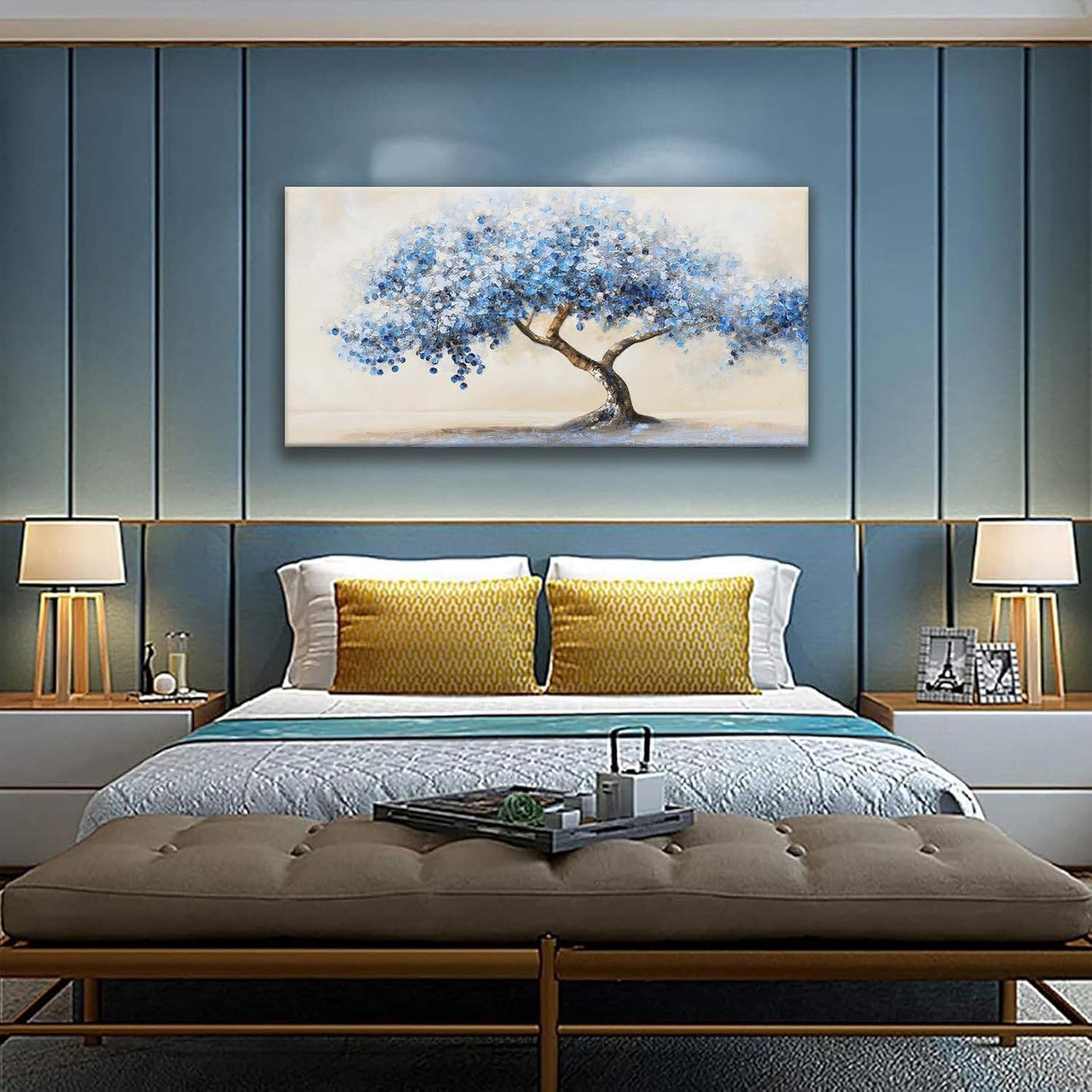 Wall Art For Living Room White Blue Tree Canvas Art Wall Decor For Home Artwork Painting 24" X 48" Canvas Print For Bedroom Decor Modern Salon Kitchen Office Hang A Picture