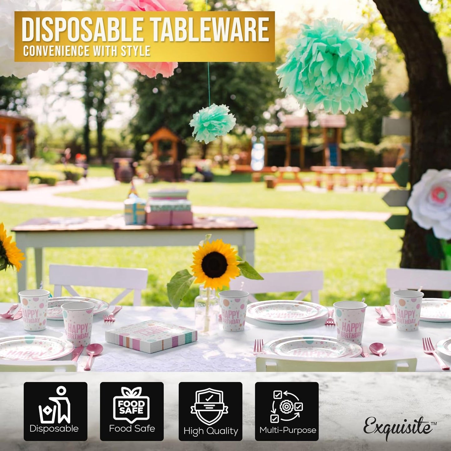 Exquisite 350 Pieces Happy Birthday Plates and Napkins Set, Paper Plates for Party Supplies, 50 Of Each 9" Dinner, 7" Dessert, Cups, Napkins & Cutlery Plastic Dinnerware Set Blue Birthday Decorations