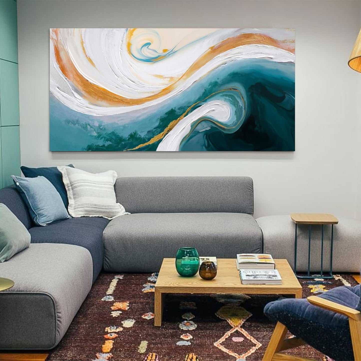 XLSJERST Abstract Canvas Wall Art for Living Room - Large Nave Blue and White Wall Decor Picture Modern Orange Painting Artwork for Bedroom Home Office Decoration Size 58x29 Inches