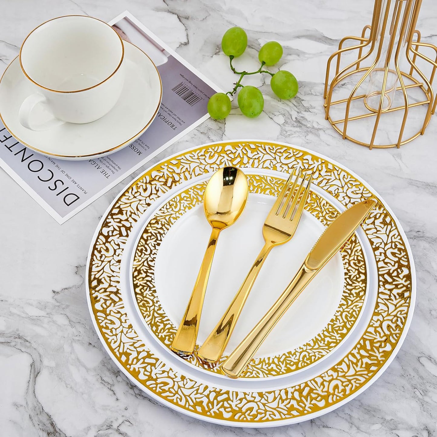 210 Count Gold Plastic Dinnerware, Gold Disposable Plates, Includes: 30 Dinner & 30 Dessert Plates & 30 Cups & 30 Paper Napkins & 30 Plastic Silverware Set
